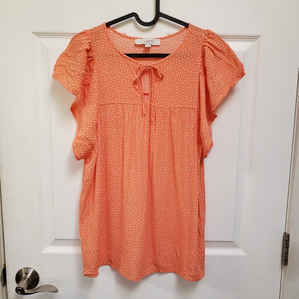 LOFT Orange Dot Short Flutter Sleeve Tie Neck Blouse